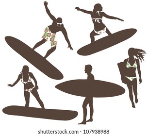 Vector illustration of men and women with surfboards, isolated on white