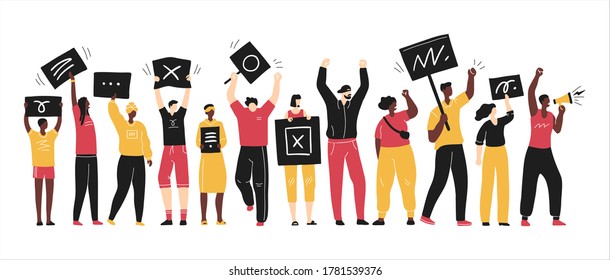 Vector illustration of men and women taking part in protest or demonstration. People holding banners, raising fists and shouting. 