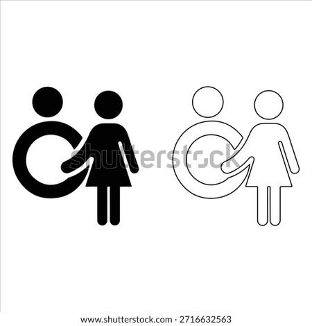 A vector illustration of a men and women toilet sign, featuring gender-neutral icons for public restrooms man woman toilettes sign symbol silhouette vector icon on white background illustration