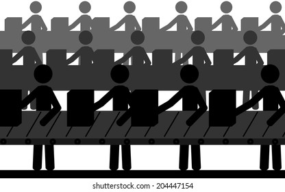 Vector , illustration. The men are working in a factory on conveyor belt.