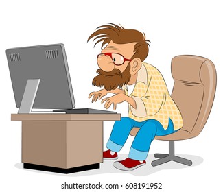 Vector illustration of a men working on desktop