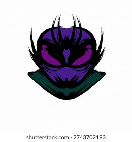 Vector illustration of a menacing alien creature mascot or insectoid warrior. Aggressive head design featuring purple and dark teal colors with sharp, spiky silhouettes. Perfect for e-sports logos, gaming team branding, sci-fi avatars, and edgy streetwear apparel graphics.