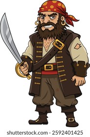 Vector illustration of a menacing pirate character, complete with a beard, bandana, and holding a cutlass.