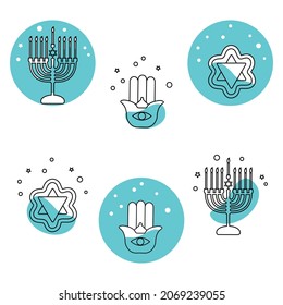 Vector Illustration Menorah Candles Cookies Hamsa Popular Palm-shaped Amulet Israel Judaism Religious Happy Holiday Chanukah Hanukkah Traditional Symbol Prayer Faith Belief Holy