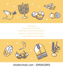 Vector illustration Menorah Lulav Dove Horn Shofar Dreidel Israel Judaism Religious Happy Holiday Chanukah Passover Sukkot Rosh Hashanah Yom kippur Shabbat Traditional Jewish Festival Prayer Belief