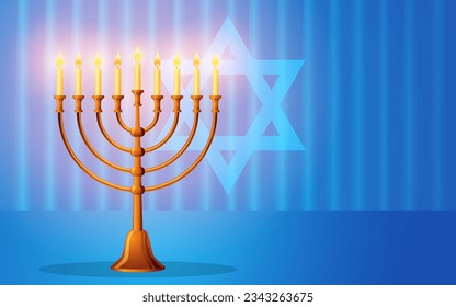 Vector illustration of menorah a traditional candelabra on blue curtain background, perfect for Jewish religious occasions, like Hanukkah, Yom Kippur, and Rosh Hashanah