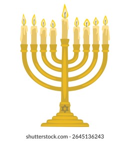 A vector illustration of a menorah, a traditional nine-branched candelabrum, with burning candles, featuring a detailed design and a Star of David on its base, perfect for Hanukkah celebrations.