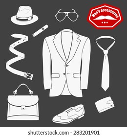 Vector illustration of men's accessories collection. Black  and white.