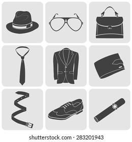 Vector illustration of men's accessories icons set. Black buttons isolated on white background.