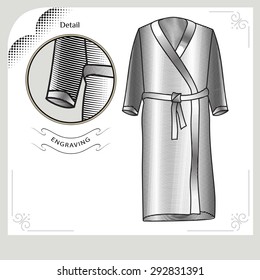 Vector illustration of men's bathrobe. Bathrobe for pool. Sportswear. Accessories for swimming an engraving style. Bathrobe Vector image