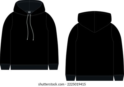 Ilustración vectorial de la capucha negra de los hombres. Hoodie de la plantilla de mockup. Vista frontal y posterior. Dibujo técnico de ropa para niños. Ropa deportiva, estilo urbano casual. Objeto aislado de ropa de moda