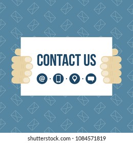 Vector illustration of men's hands holding contact us card, banner. Concept of creating business contacts, communication.