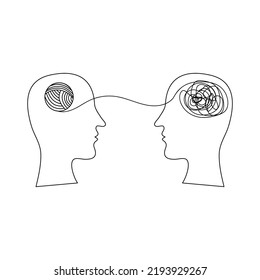 Vector illustration of men's heads silhouettes with brain in form of yarn. Mental health psychology anxiety depression concept