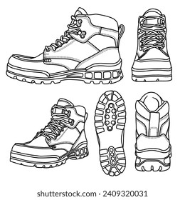 Vector Illustration Men's High Hiking Boot hand drawn collection, doodle vector sketch illustration, various view, suitable for your leather hiking Boot, isolated on white background