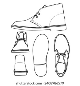 Vektorgrafik Herrenschuhe mit hohen Lederschuhen, handgezeichnet, formale Schuhe, doodle Vektorgrafik, verschiedene Ansicht, geeignet für Ihr Lederstiefel-Design, einzeln auf weißem Hintergrund