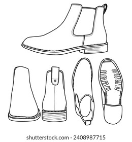 Vector Illustration Men's high leather shoes hand drawn collection, formal shoes, doodle vector sketch illustration, various view, suitable for your ankle boots design, isolated on white background