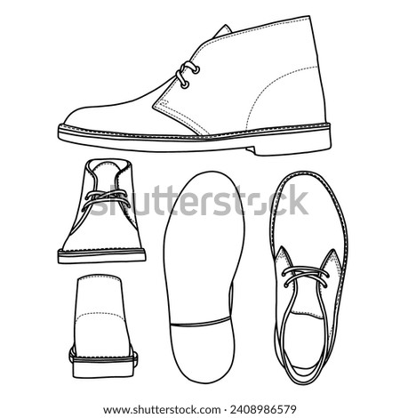 Vector Illustration Men's high leather shoes hand drawn collection, formal shoes, doodle vector sketch illustration, various view, suitable for your Leather Boots design, isolated on white background