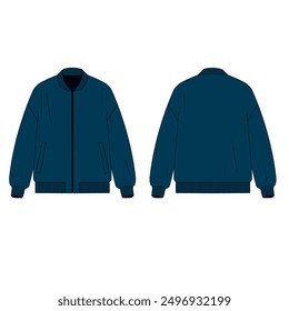 Vektorgrafik der Herrenjacke in blauer Farbe mit Reißverschluss. Technische Zeichnung der Bomberjacke mit Taschen, Vorder- und Rückansicht. Skizze der Jacke mit Reißverschluss, Vektor.