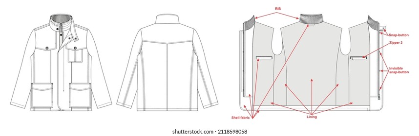 Ilustración vectorial de la chaqueta de los hombres con un esquema de forro. Delante y atrás.