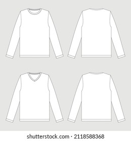 Vector illustration of men's long sleeve t-shirt v-neck and round neck. Front and back