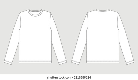 Imagen vectorial del cuello redondo de la camiseta de manga larga de los hombres. Frente y atrás