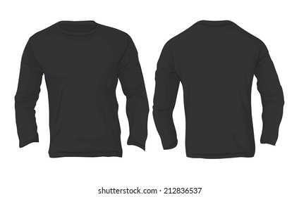 Vector illustration of men's long sleeved t-shirt template in black color isolated on white, front and back design