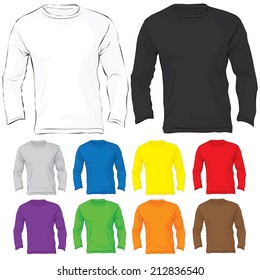 Vector illustration of men's long sleeved t-shirt template in many color, front design