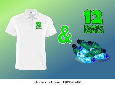 Vector illustration of men's polo t-shirt and symbol 12. Drawing of ecological logo on a men's polo t-shirt and an image of plastic bottles.