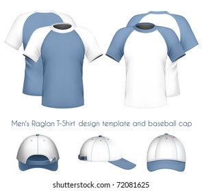 Vector illustration. Men's raglan t-shirt design template & baseball cap.