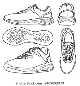 Vector Illustration Men's Road Running Shoe hand drawn line art sketch, doodle vector sketch illustration,various view, suitable for your road running shoes, isolated on white background