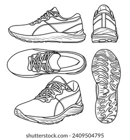 Vektorgrafik Herren-Running-Shoe, handgezeichnet, handgezeichnet Linien-Skizze, doodle Vektorgrafik, verschiedene Ansicht, geeignet für Ihre Sportschuhe, einzeln auf weißem Hintergrund