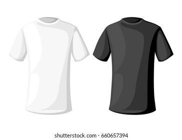 Vector illustration. Men's short round neck t-shirt . Front, side and back views. Black and white variants.