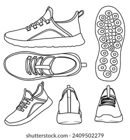 Vektorgrafik MännerSlip On Running Walking Shoes, handgezeichnet, doodle Vektorgrafik, verschiedene Ansicht, geeignet für leichte Turnschuhe einzeln auf weißem Hintergrund