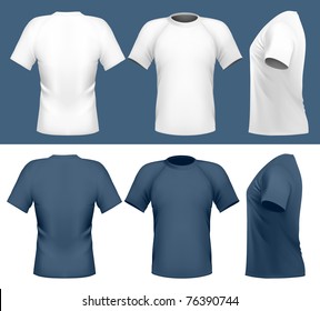 Vector illustration. Men's t-shirt design template (front, back and side view)