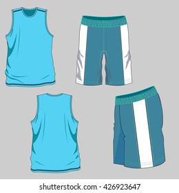 Vector illustration. Men's and women's t-shirt and shorts. Front and back views.