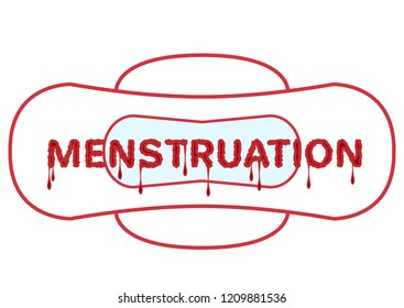 Vector illustration of menstrual bleeding period. Woman critical days, hygiene protection. Bloody word menstruation with blood drops on the sanitary pad, napkin