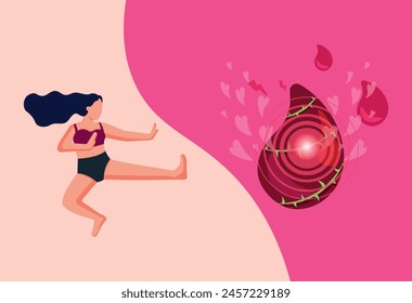 Vector illustration of menstrual pain. A girl struggles with pain from menstruation spasms on an isolated background. Problems of women's critical days. PMS. EPS10
