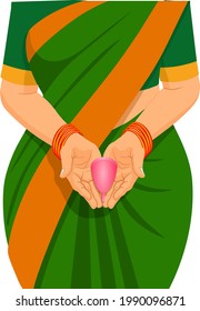 Vector illustration of Menstrualcup,  an Indian  woman hand holding reusable silicon Menstrualcup.