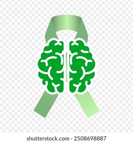 Vector illustration of mental health awareness green ribbon with brain icon on transparent background