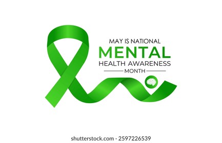 Vector illustration of Mental health awareness month observed each year during May. Brain and man head with Realistic green ribbon banner design. Banner poster, flyer and background design template.