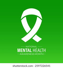 Vector illustration of Mental health awareness month observed each year during May. Brain and man head with Realistic green ribbon banner design. Banner poster, flyer and background design template.