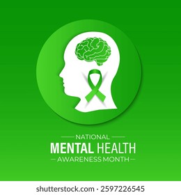 Vector illustration of Mental health awareness month observed each year during May. Brain and man head with Realistic green ribbon banner design. Banner poster, flyer and background design template.