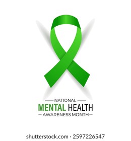 Vector illustration of Mental health awareness month observed each year during May. Brain and man head with Realistic green ribbon banner design. Banner poster, flyer and background design template.