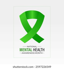Vector illustration of Mental health awareness month observed each year during May. Brain and man head with Realistic green ribbon banner design. Banner poster, flyer and background design template.
