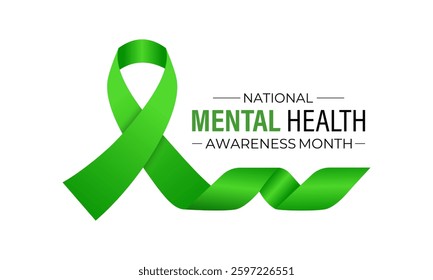 Vector illustration of Mental health awareness month observed each year during May. Brain and man head with Realistic green ribbon banner design. Banner poster, flyer and background design template.