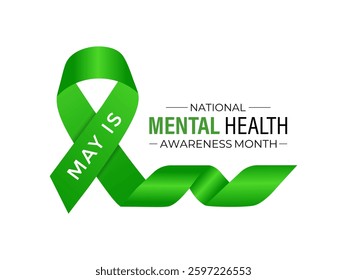 Vector illustration of Mental health awareness month observed each year during May. Brain and man head with Realistic green ribbon banner design. Banner poster, flyer and background design template.