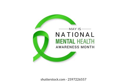Vector illustration of Mental health awareness month observed each year during May. Brain and man head with Realistic green ribbon banner design. Banner poster, flyer and background design template.