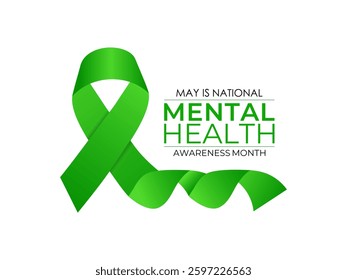 Vector illustration of Mental health awareness month observed each year during May. Brain and man head with Realistic green ribbon banner design. Banner poster, flyer and background design template.