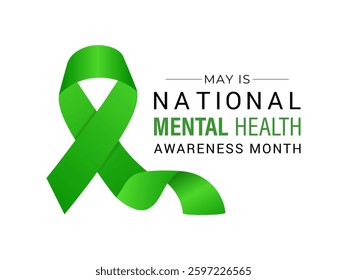 Vector illustration of Mental health awareness month observed each year during May. Brain and man head with Realistic green ribbon banner design. Banner poster, flyer and background design template.