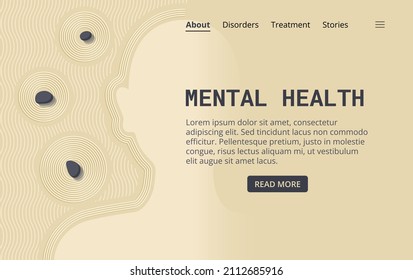 Vector illustration for mental health support web page. Mental health is represented as a zen garden where your emotional state, body, and mind are in balance.